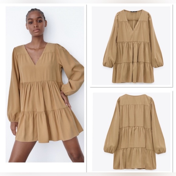 Zara V-Neck Long Sleeves Tiered Mini Dress - Picture 1 of 5